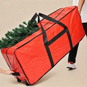 Large Christmas Tree Storage Container for 9 ft Artificial Trees, Zippered Holiday Box with Reinforced Handles & Wheels, Heavy-Duty Red Storage Bag, Fits Up to 60" Tree Sections, Durable and Portable Design