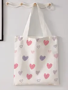 Heart Pattern Printed Casual Storage Bag, Lightweight Shopping Bag, Night Scene, Fashionable and Trendy, Suitable for Daily Shopping Office and Various Occasions, Reusable Bags