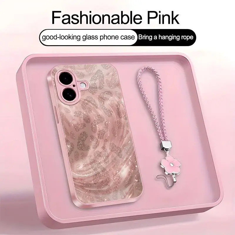 Luxury Pink Glitter Leopard Case Rose Gold Swirl Aesthetic Glass Cover with Lanyard for iPhone 16 Plus --975
