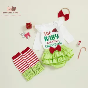 Baby Girls Christmas Clothes Letter Print Long Sleeves Romper and Layered Shorts Cute Headband Leg Warmer Set