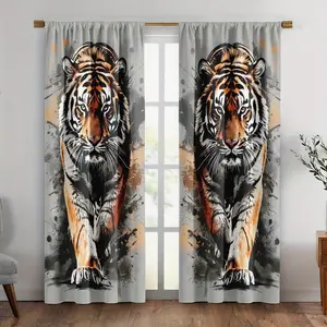 2pcs Insulated Half-Blackout Curtains for Bedroom, Tiger Print Cartoon Animal Drapes, Polyester, Home Decor Gift