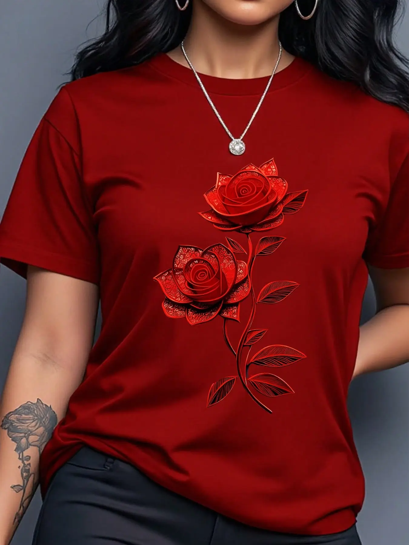 Women's Fashion Round Neck Short Sleeve Breathable Lightweight T-Shirt, Floral 3D Print Casual Summer Top, Trendy Fitted Tee for Daily Wear