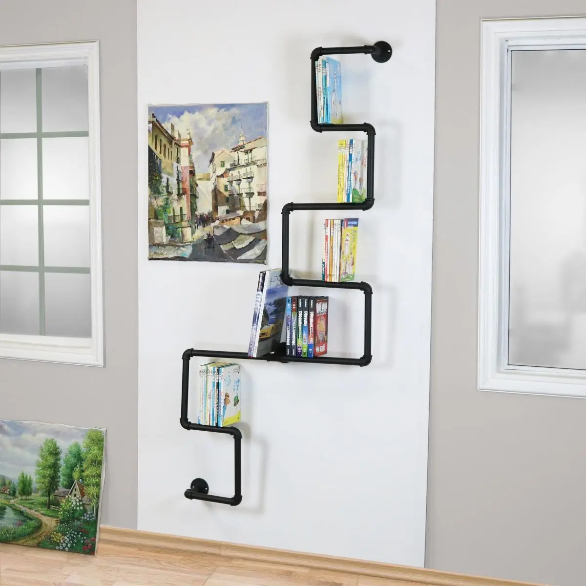 Warehouse of Tiffany DIY-FLRBK Benkor Right Angle Scaffold Wall Shelf Bookshelf- Black