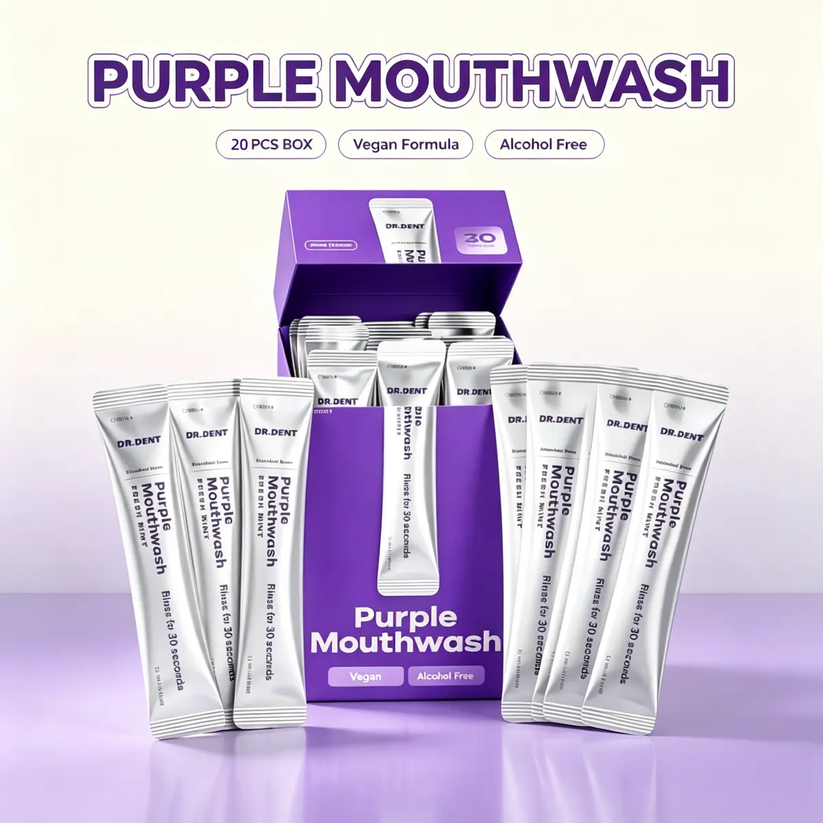 DR.DENT Oral Purple Mouthwash | 20-Pack Single Sachets | Alcohol-Free, Peroxide-Free, Xylitol-Containing Vegan Mint,Long Lasting Fresh Breath, Disposable Single Use Oral Care