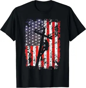100% Cotton Lineman American Flag Electric Cable Lineworker Dad Father T-Shirt