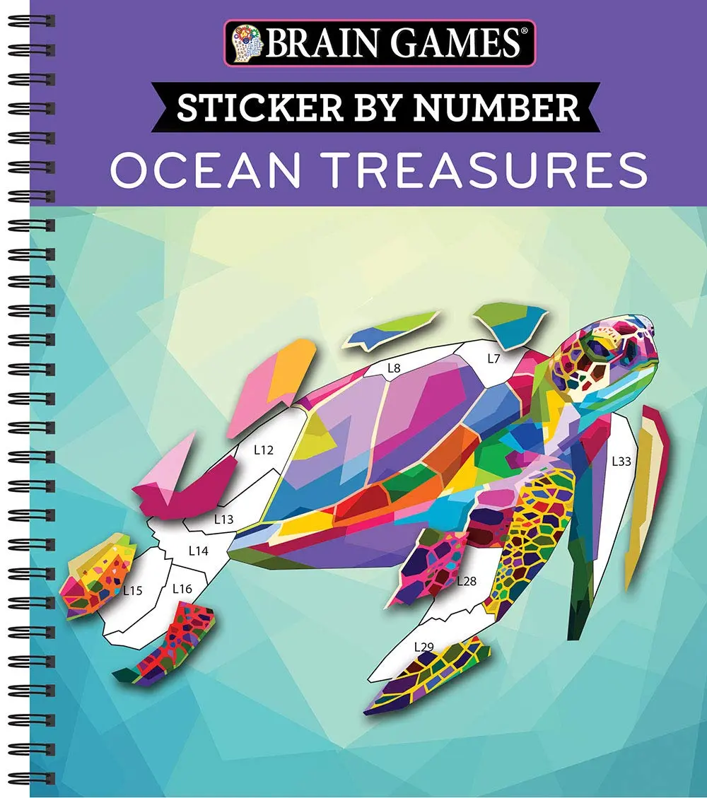Brain Games - Sticker by Number: Ocean Treasures Book, 13 Numbered Stickers Images, Fun Creativity Activity for Kids/Adults, Calming Fine Motor Skills Builder