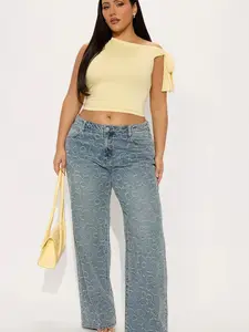 Flower Power Jacquard Wide Leg Jeans - Medium Wash