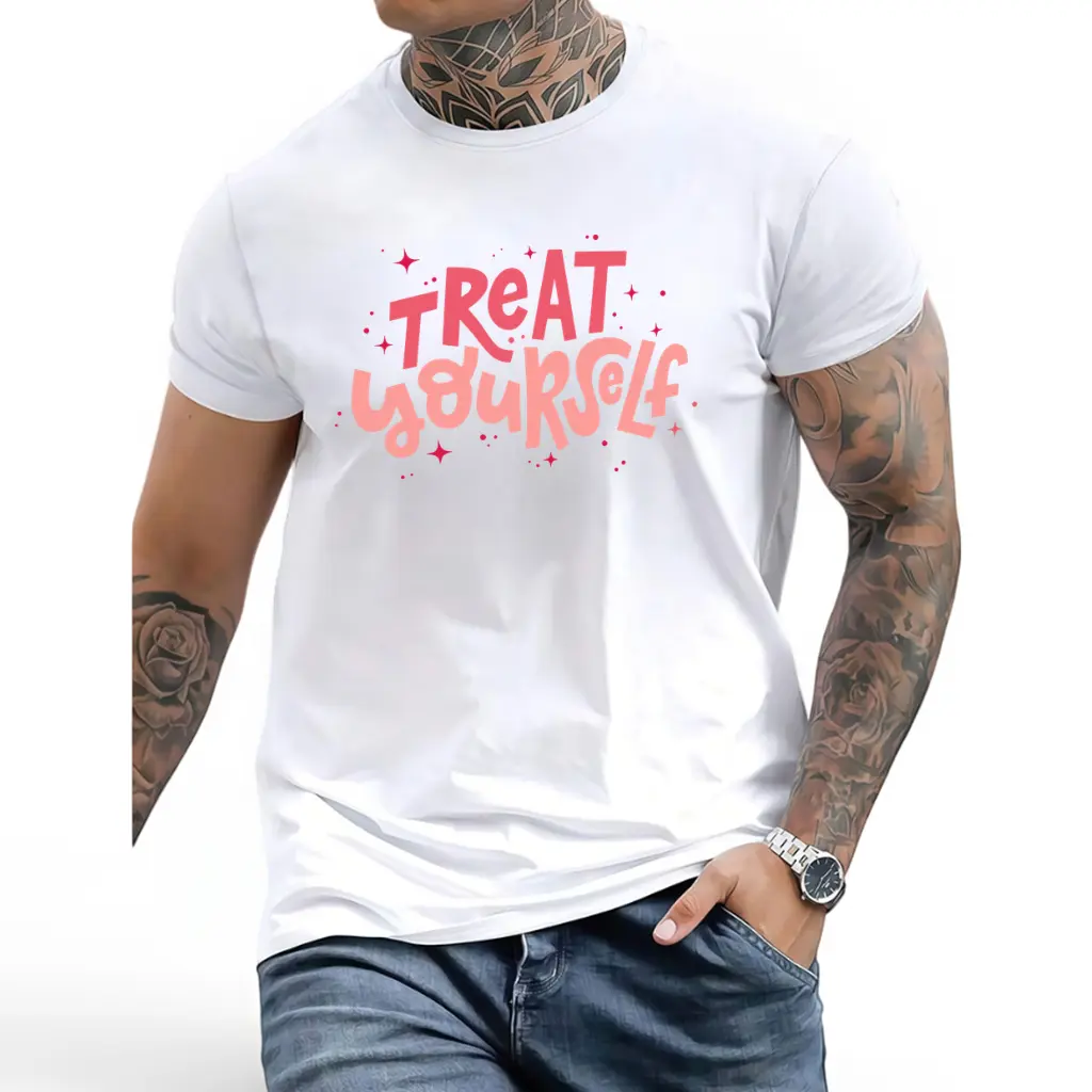 A men's "Self-Reward" T-shirt, featuring a crew neck and short sleeves, making it a stylish choice for the summer season. This fashionable tee...