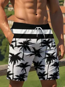 Men's 3D Printed Coconut Tree Pattern Beach Pants, Casual Fitted Shorts, All over Print, Summer Fashion, Comfortable and Stylish, Swimwear Shorts