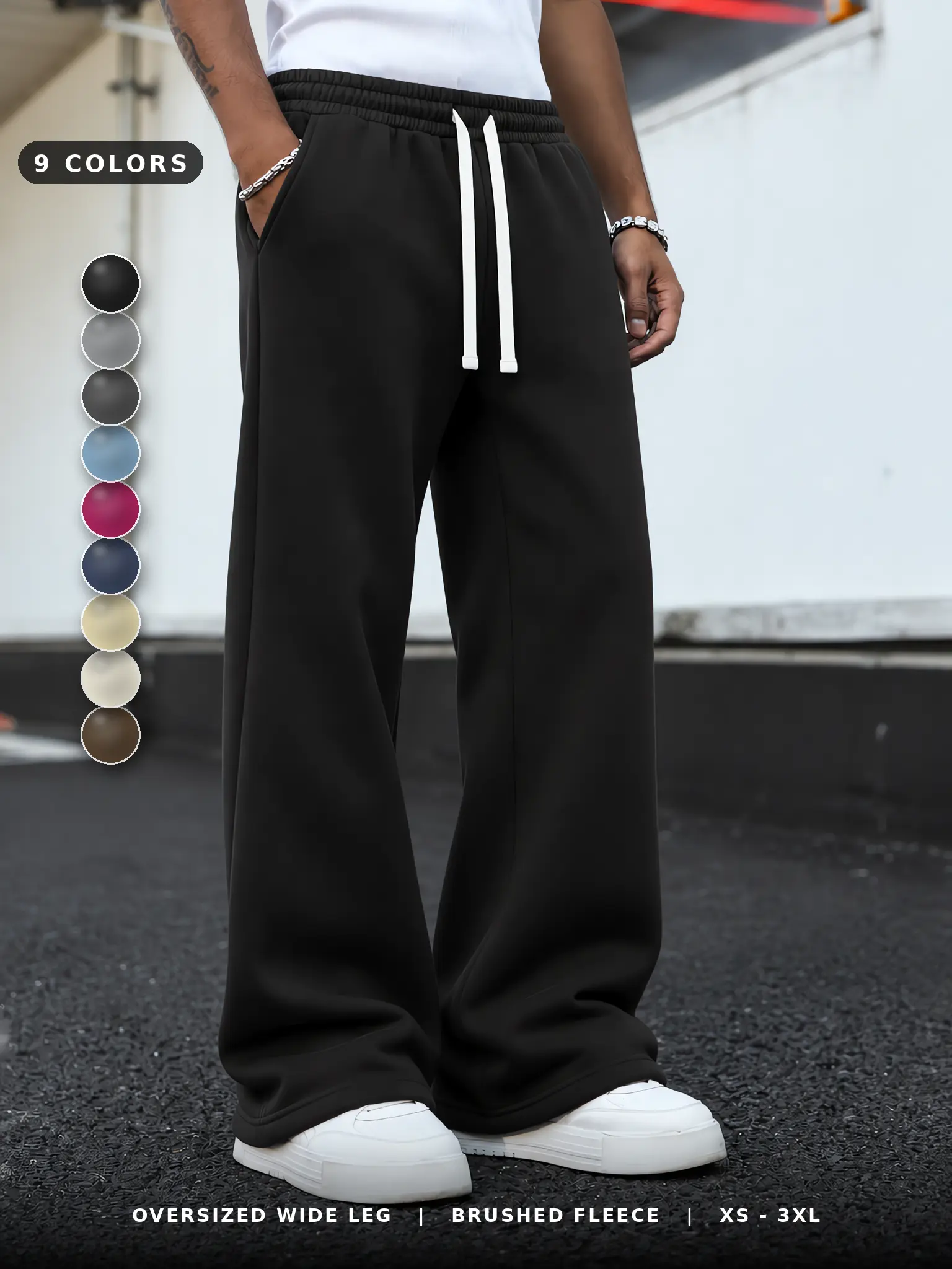 Men’s wide-leg fleece sweatpants, single piece, warm fleece lining, elastic waistband with drawstring, loose straight-cut casual athletic long pants for autumn/winter, available in 9 colors
