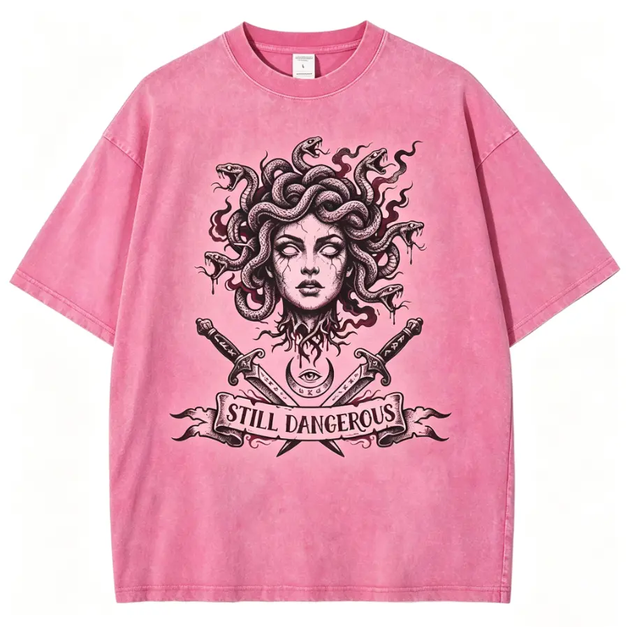 Still Dangerous Medusa Twin Swords Eye Symbol Retro Washed Graphic Short Sleeve T-Shirt, Unisex Dark Feminine Casual Daily Tops, 100% Washed Cotton Printed Craft Summervibes Tee, Loose Distressed Lightweight Everyday Shirts