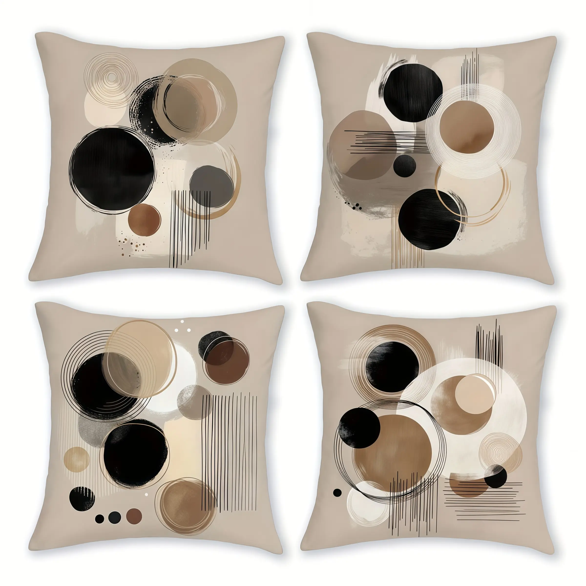 4pcs-Bohemian-Themed Throw Pillow Covers, Coordinated Look, Circle and geometric patterns, Beige & Black Abstract Circle & Geometric Patterns, Suitable for Sofa, Patio, Living Room, Single Sided Printing, No Pillow Core
