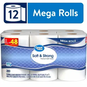 Great Value Soft & Strong Premium Toilet Paper, 12 Mega Rolls, 380 Sheets per Roll