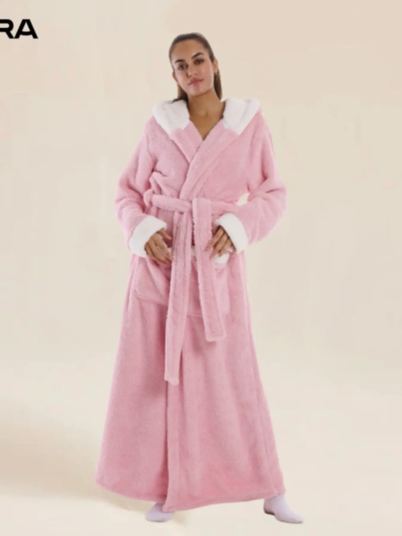 Elegant Chic Long Hooded Loose Bathrobe, Soft Comfortable Home Sleepwear Loungewear, Long Sleeve, with Pockets, Unisex Fall Winter Gift, Lady, Womenswear