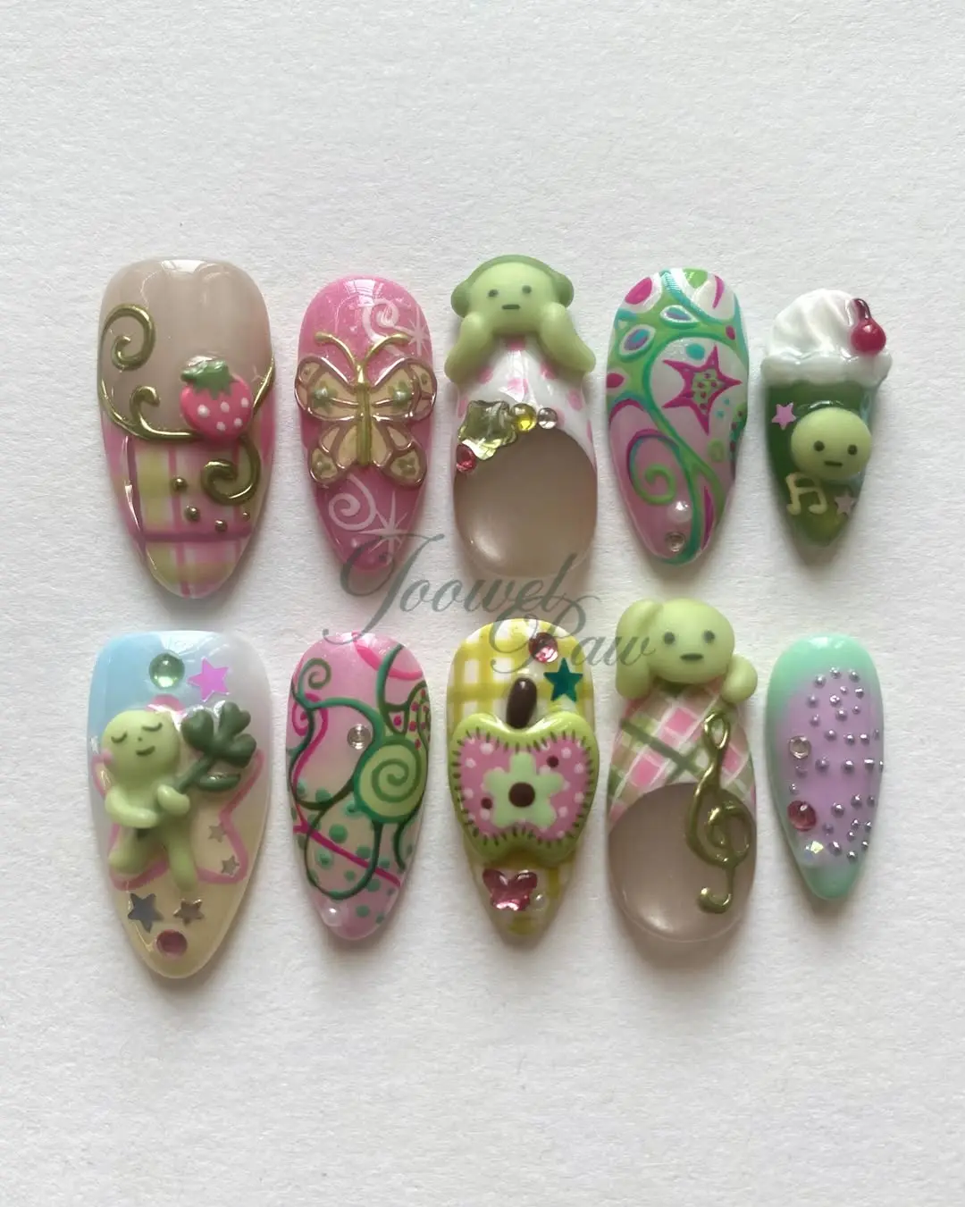 Smiski Inspired Press On Nails | Cute Kawaii 3D Gel Nails | Butterfly Strawberry Pastel Nail Set