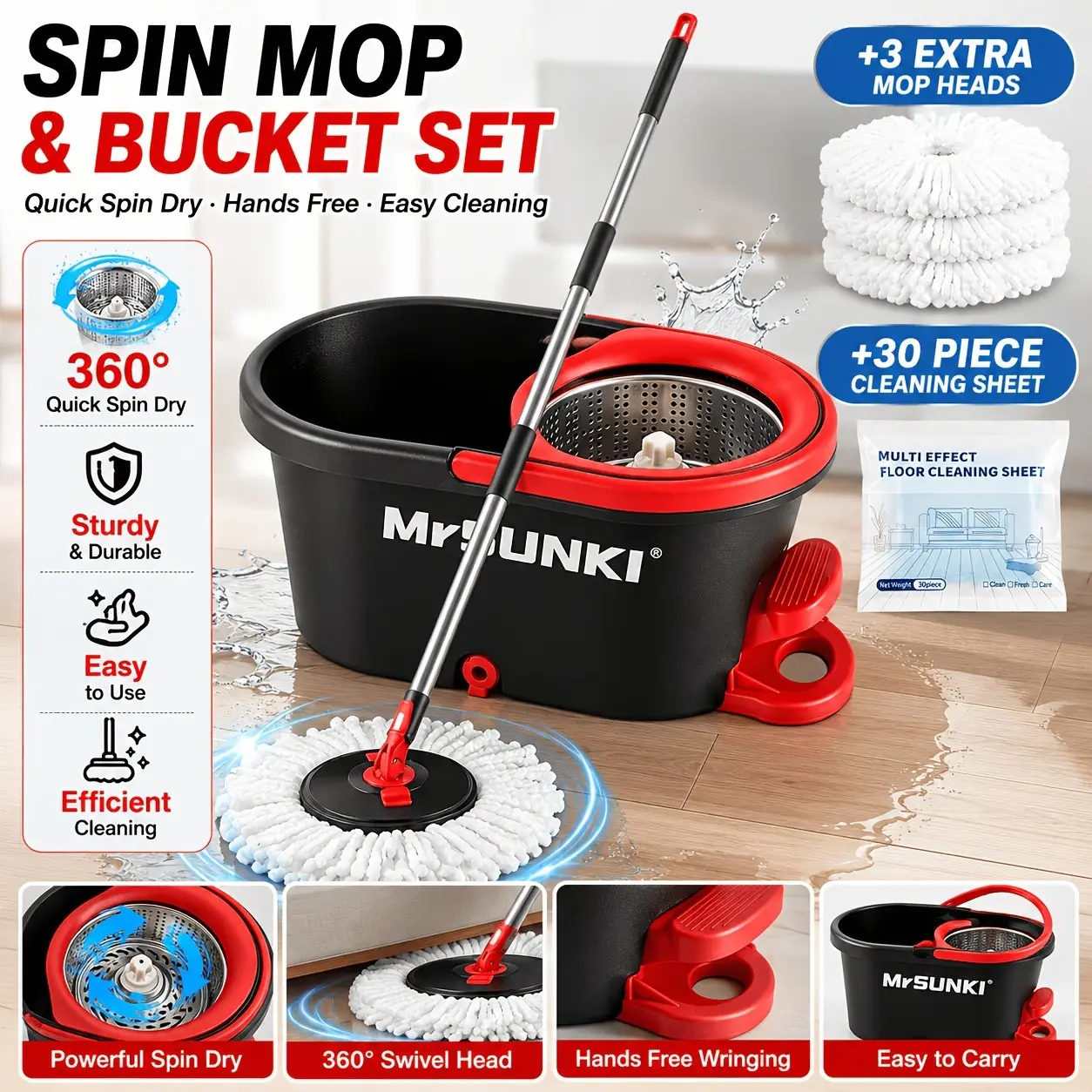 360° Spin Mop And Bucket Set, Self-Wringing Mop System, Hands-Free Cleaning, Adjustable Stainless Steel Handle, Reusable Microfiber Mop Heads for Hardwood Tile Laminate Vinyl Floors