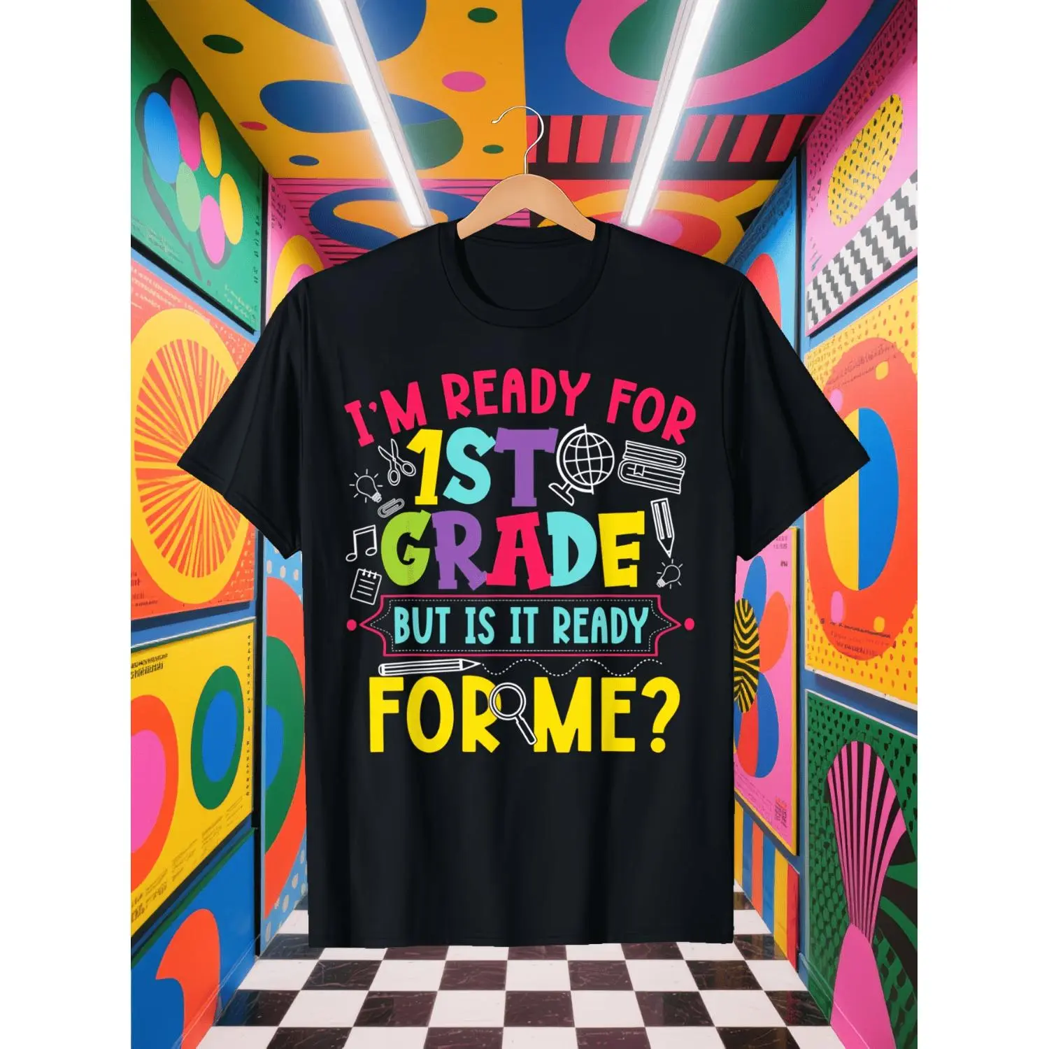 Kids First Grade Ready Graphic T-Shirt - Funny 'Ready For 1st Grade' Text Design With School Supplies Icons, Cute Crew Neck Short Sleeve Tee For Students, Back To School Gift For Boys & Girls