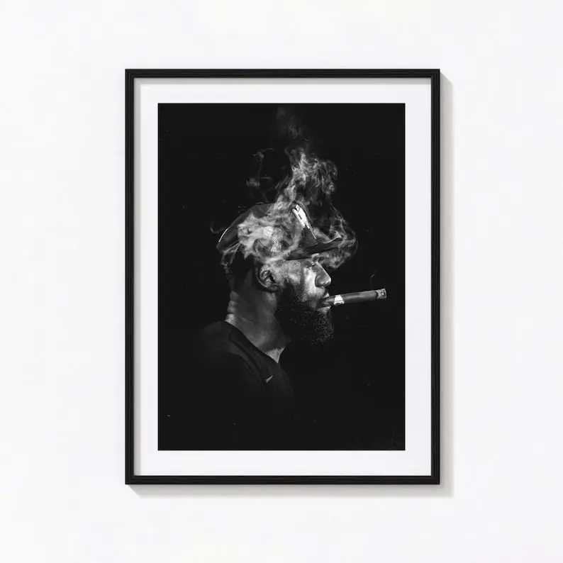 Lebron James Smoking Cigar Black And White Poster Iconic Nba Champion Portrait Print, Stylish Monochrome Wall Art For Sports Fans. No Frame