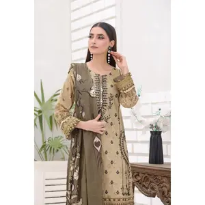 Beige Khaki 3-Piece Embroidered Lawn Set (Bana Dora)
