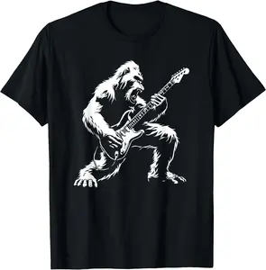 100% Cotton Funny Tee - Bigfoot Playing Guitar Rock Music Band Sasquatch T-Shirt - Super Soft Unisex Lightweight Relaxed Fit T-shirt