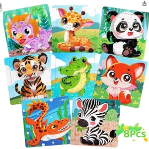 9-Piece Wooden Cartoon Animal Puzzle Toy Set, Educational Early Learning Blocks for Toddlers Boys & Girls, Fun Preschool Development Tool