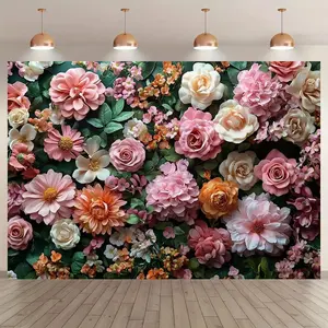 Rose Flower Pattern Party Banner, 1 Count Flower Pattern Polyester Material Backdrop, Indoor & Outdoor Background Decoration for Garden Party, Ornaments, Party Decorations Banners, Wall Hanging Backdrop