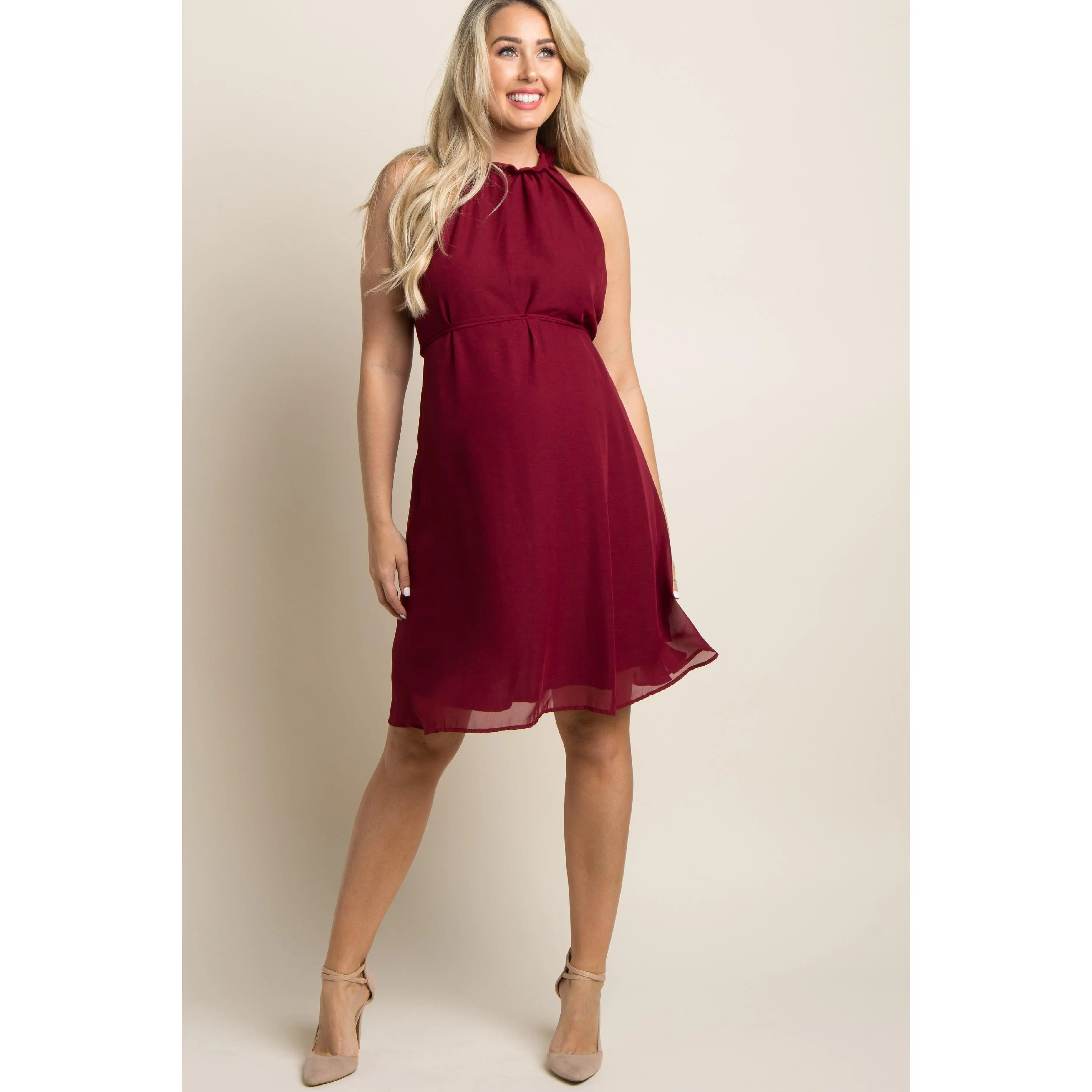 Burgundy Chiffon High Neck Maternity Dress