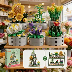 6-in-1 Potted Plant, 873pcs/set Succulent Plants with Display Stand, Fun and Creative DIY Bricks, Flower Building Blocks, Desktop Decorative Ornaments and Toys
