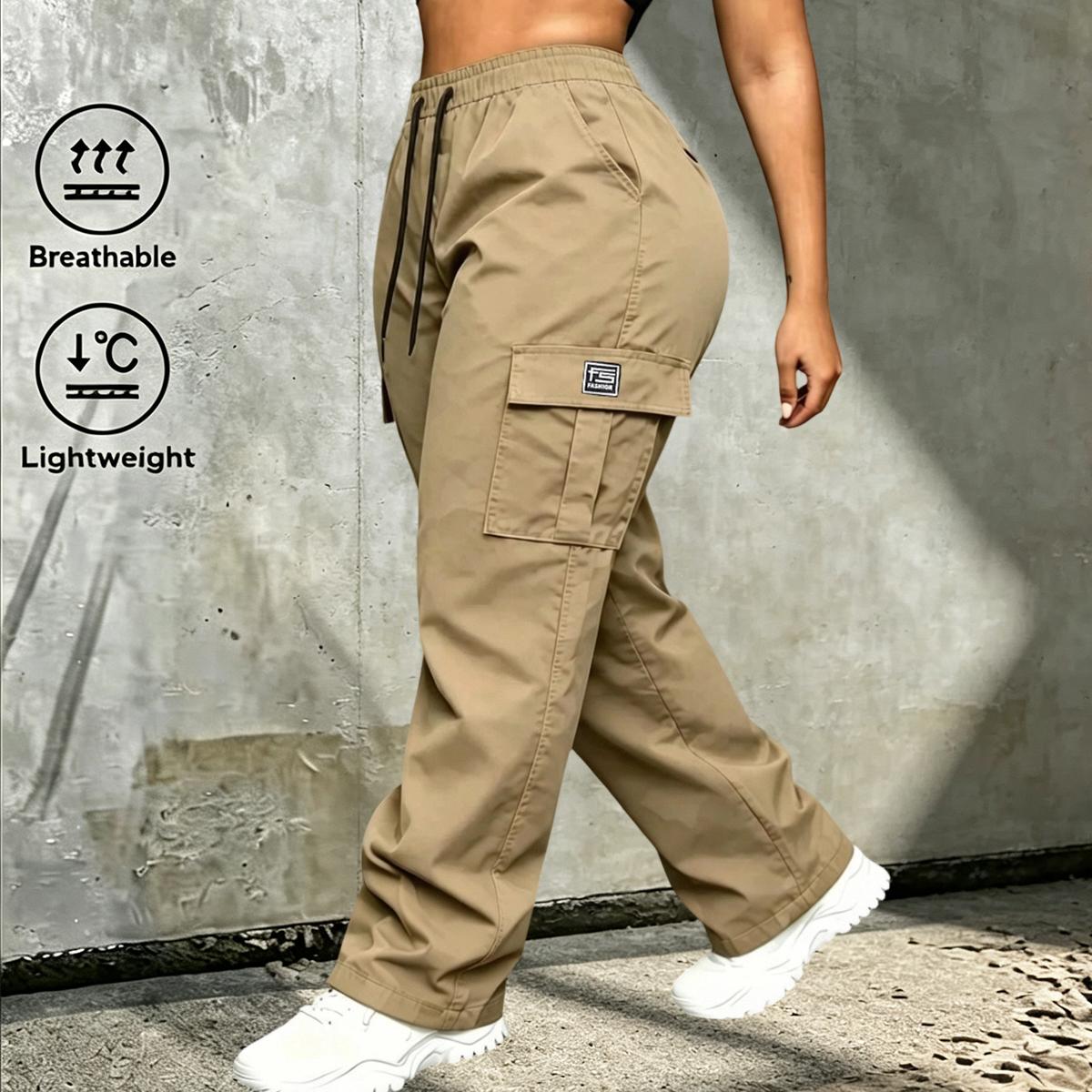Women’s collegiate-style athletic cargo pants 5-piece set — minimalist basic mid-rise loose wide-leg cargo pants with large flap pockets, suitable for casual outings, year-round wear, and back-to-school shopping.