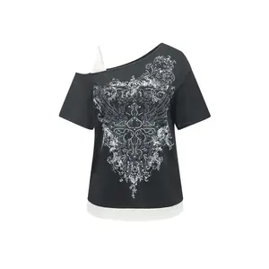 Women's Plus Size Y2k Tops Gothic Graphic Tees Trendy Short Sleeve Asymmetrical Neck T Shirts