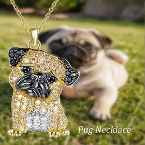 1Pc Exquisite Golden Pug Zinc Alloy Pendant Necklace for Women Cute Pet Dog Jewelry Accessories Dog Lovers Anniversary Holiday Christmas Gift
