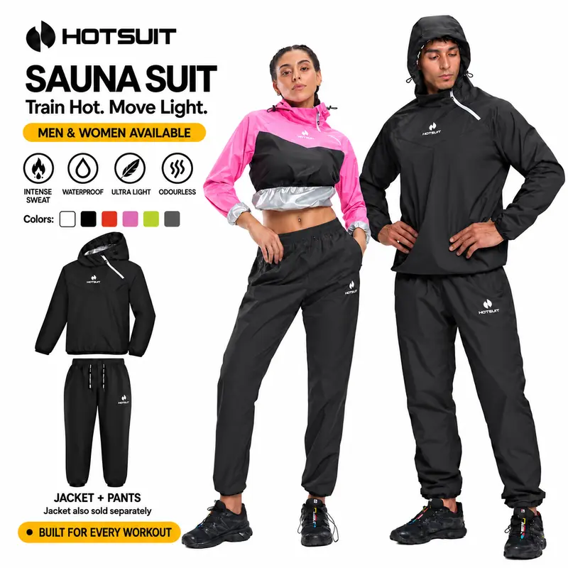 HOTSUIT Unisex Sauna Sweat Suit 2-Piece Sports Set - Long Sleeve Shirt, Full-Length Pants, Quick Dry, Anti-Odour, Windproof, Waterproof, Abrasion-Resistant, All Seasons Gym Gear for Boxing, Biking (Waist Reduction),outdoorfun