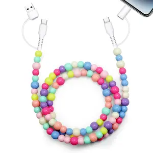 Pearl-Decorated 4-in-1 Charging Cable Compatible with All Devices USB-C, Lightning, Micro USB & USB-A Durable 3.3Ft Colorful Beaded Cord for Fast Charging & Data Transfer