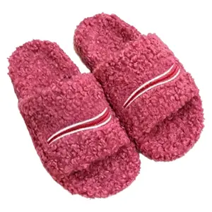 Womens Pink Fuzzy Open Toe Slide Slippers, Curly Teddy Fleece House Slides with Red & White Striped Accent, Soft Plush Lined Indoor Outdoor Slippers for Fall Winter