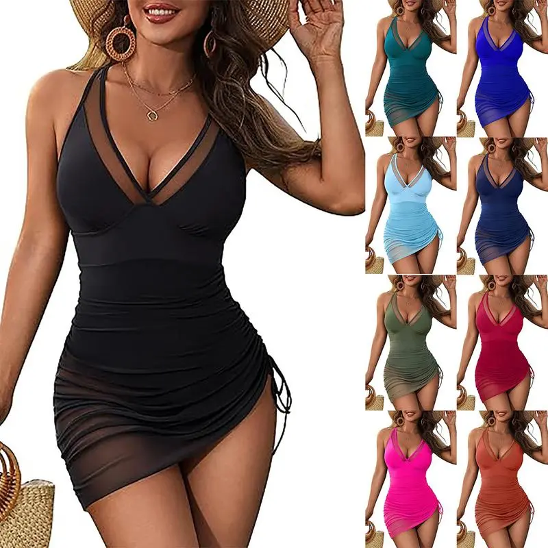 Women's 1-Piece Tummy Control Swim Dress with Built-in Breathable Mesh, Adjustable Strap, Drawstring Waist & Sheer Sarong Wrap Full Coverage Bathing Suit
