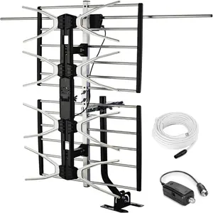 Outdoor Digital HD TV Antenna with High Gain Amplifier 150 Mile Long Range for UHF/VHF, Mounting Pole, 40FT RG6 Coaxial Cable, Easy Installation