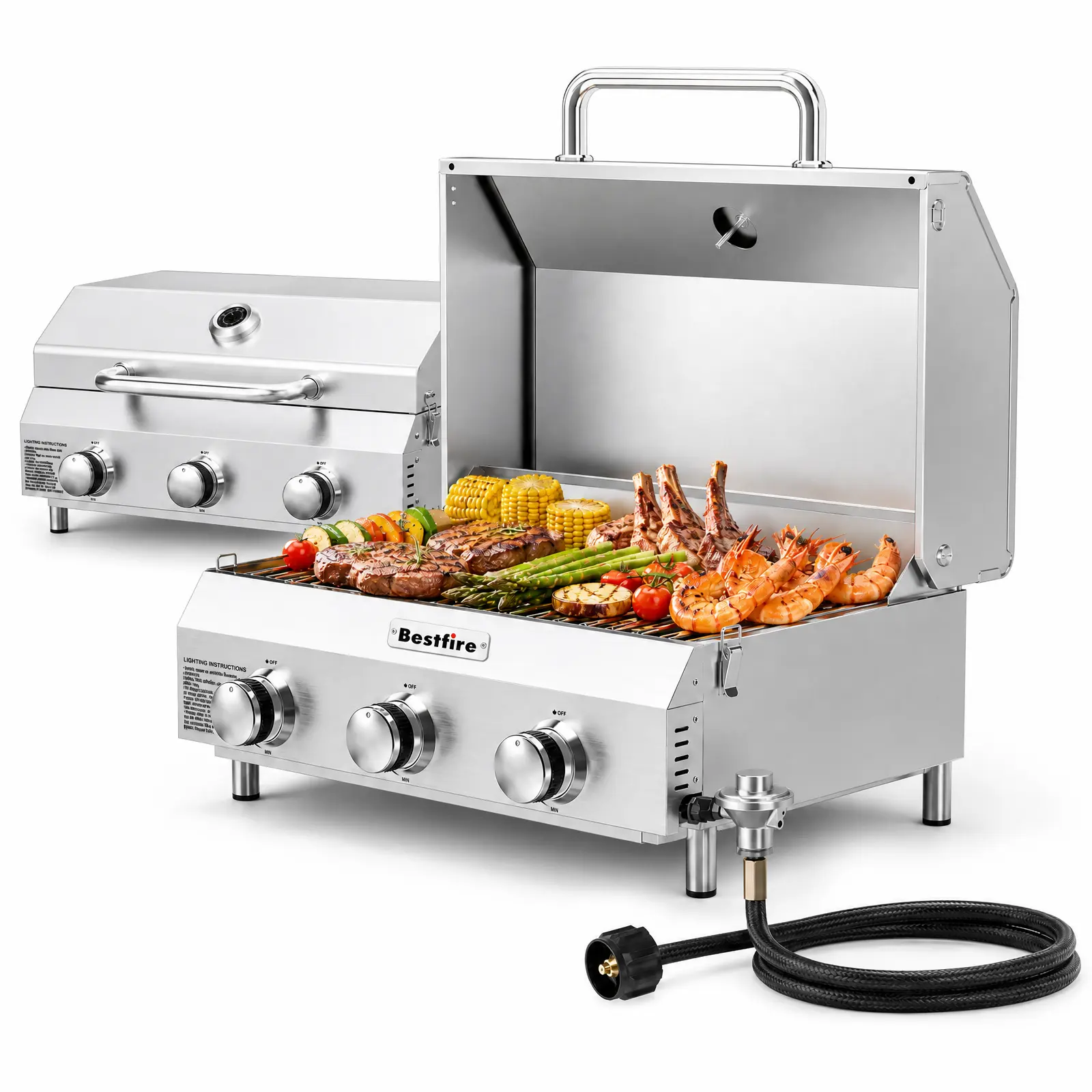 BESTFIRE Dual-Fuel Portable Tabletop Gas Grill – 3 Burners, 30K BTUs, Stainless Steel Build with Removable Legs – Compact Modern Barbecue for Backyard and On-the-Go Outdoor Cooking stove Propane bbq regulator picnic cooker