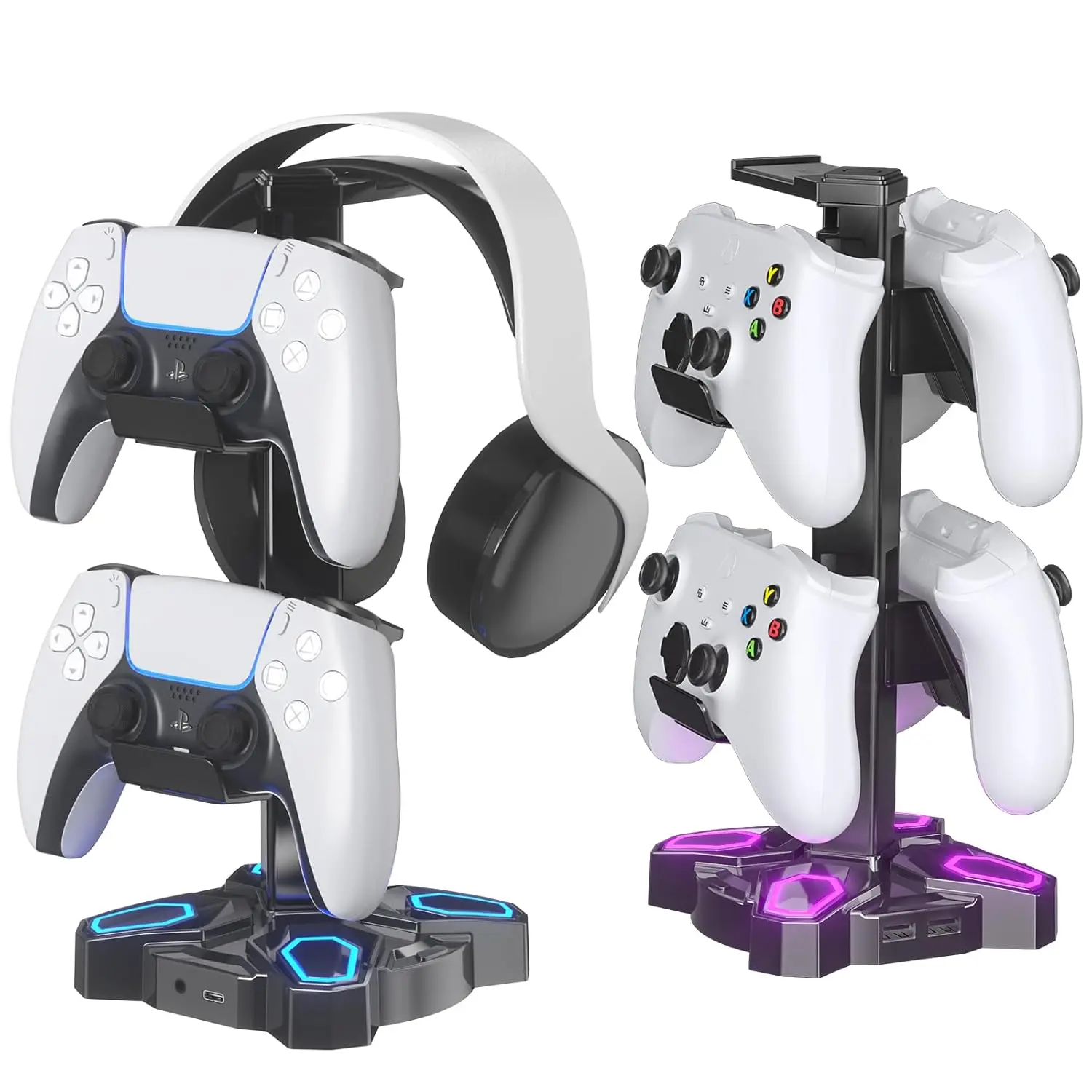Gaming Headphones Stand, Rotatable Headset Stand with Light Modes - Controller Holder with 2 USB Charging Ports and 3.5mm - Earphone Hanger Accessories for Desktop Gamer(Black)