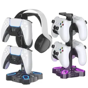 Gaming Headphones Stand, Rotatable Headset Stand with Light Modes - Controller Holder with 2 USB Charging Ports and 3.5mm - Earphone Hanger Accessories for Desktop Gamer(Black)