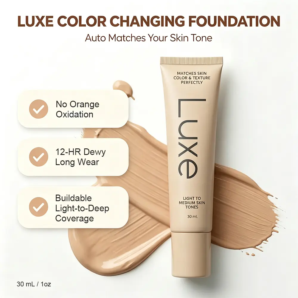 LUXE Adaptive Color Changing Foundation 30ml, Auto Tone Matching Skincare Base, Buildable Light-to-Deep Coverage, 12HR Dewy Long Wear, Niacinamide & Hyaluronic Acid Infused, Non-Cakey No Orange Oxidation for All Skin Tones