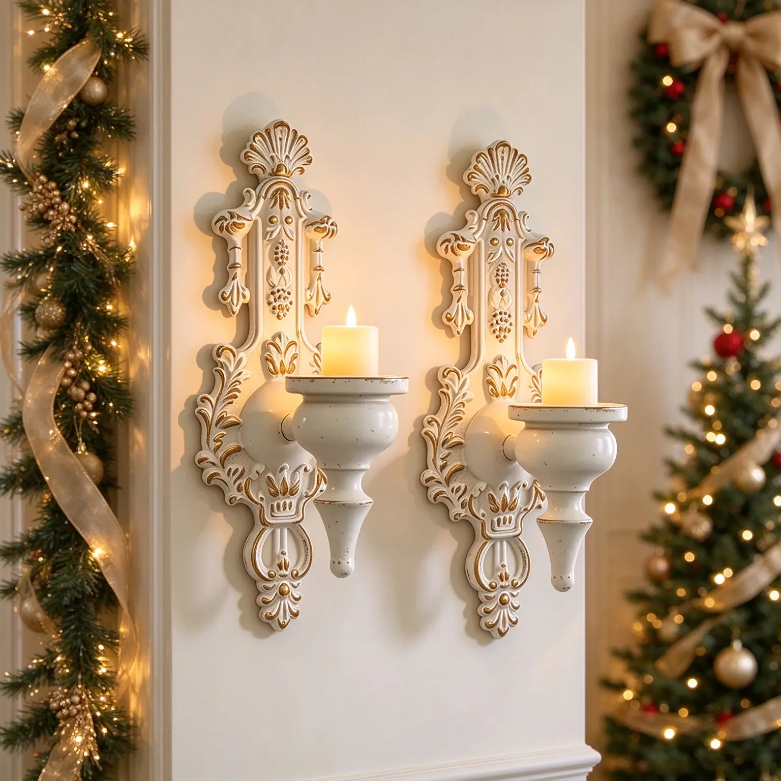 A pair of American country-style wall-mounted candle holders with a retro metal design. Perfect for creating a candlelight atmosphere at weddings and restaurants, or as a Christmas gift.