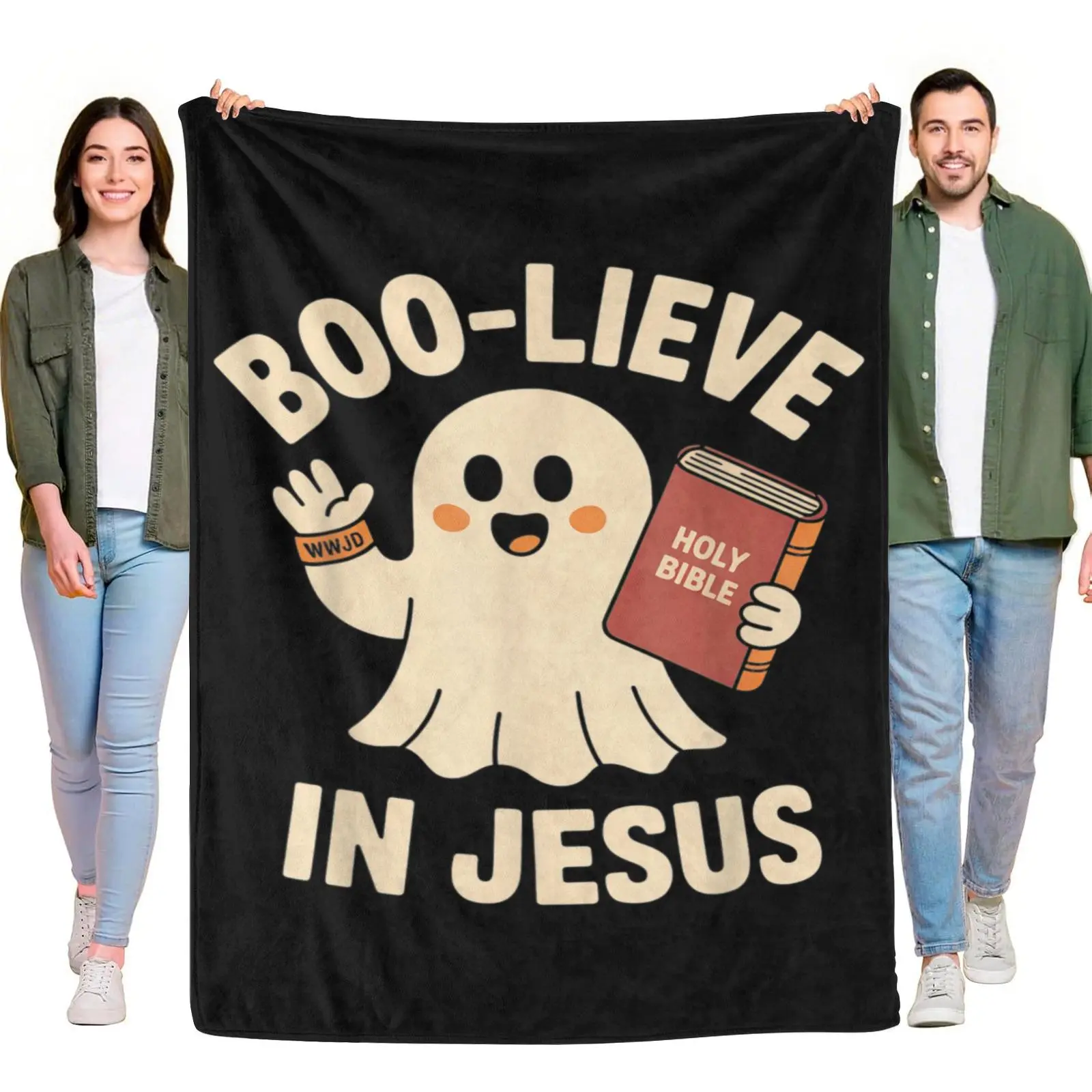 Boo-lieve In Jesus Cute Ghost Holding Holy Bible Cartoon Throw Blanket, Funny Halloween Christian Pun Soft Warm Blanket For Fall Religious Decor