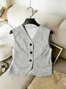 Women's Colorblock Patchwork Gilet Vest Top, Basic Loose-Fitting Airy Design, Contemporary Casual Style, All Seasons Wear, Button, No Zipper, Full Placket