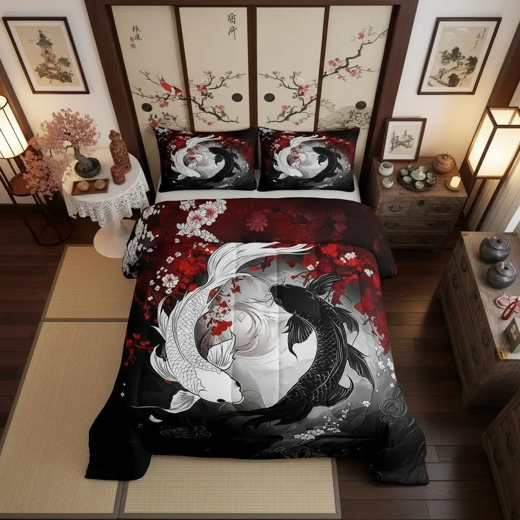 Koi Fish Comforter Sets Adults,Cherry Blossoms Bedding Sets Youth Men Bedroom Decor,Yin Yang Quilt Set,Japanese Ukiyo Style Duvet Insert,Soft Fluffy