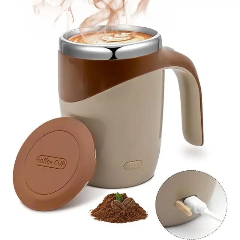 Self Stirring Coffee Mug, Rechargeable Automatic Stirring Mixing Mug, Electric Funny Self Mixing Cup, Stainless Steel Travel Coffee Cup for Office, Home, Kitchen (Brown)
