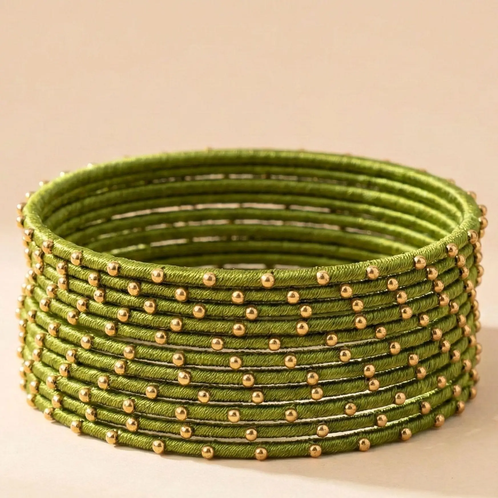 12 Pcs Silk Thread Bangles Dark Green Olive Yellow Gold Beaded Set