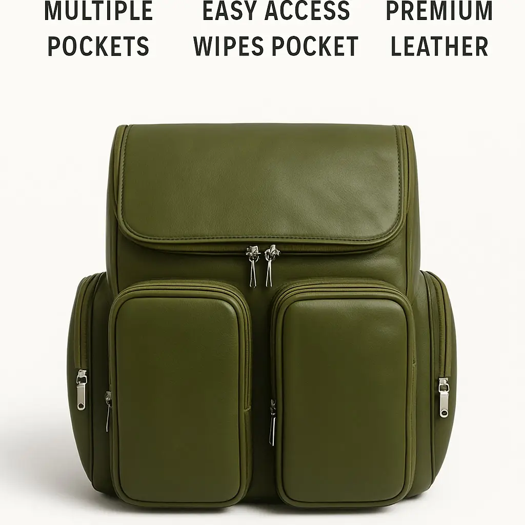 Leather Large Diaper Backpack Olive Green Parents Bag With  display picture 2
