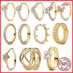 FASHION -  Gold-tone Series 925 Sterling Silver Elegant Classic Heart-shaped Crown Ring Luxurious Charm Jewelry Holiday Presen
