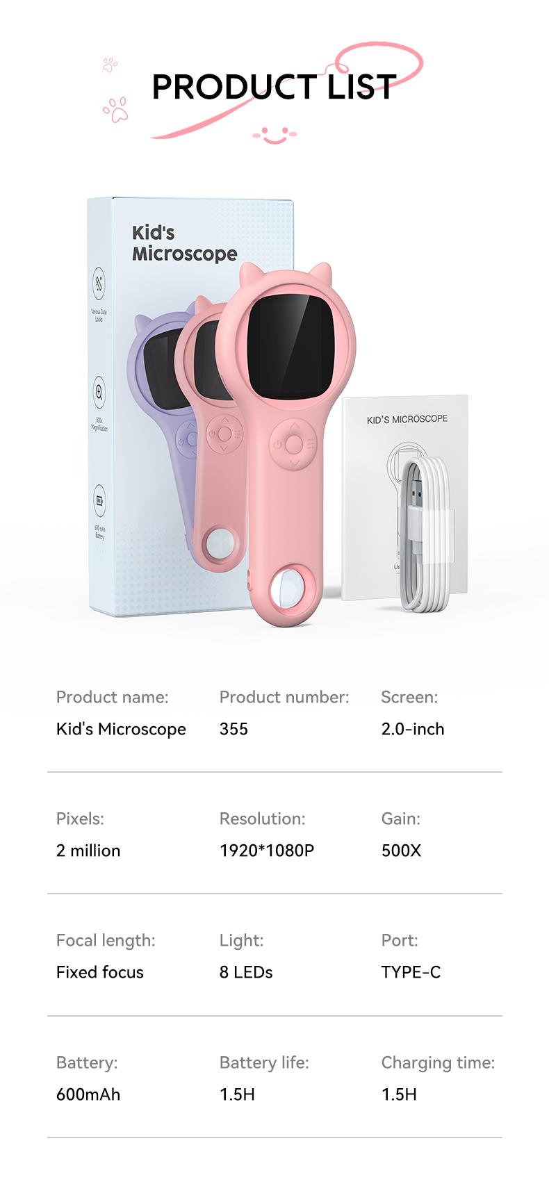 Cat Ear Kids Handheld Microscope, 500X Zoom 2MP HD IPS Screen Portable Digital Microscope with 8 LED, Educational Science Toy for Kids