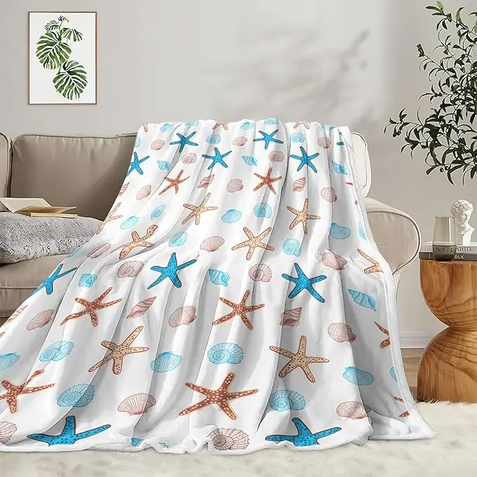 Ocean Beach Throw Blanket,CoastalSummer Blue Seashell Starfish Throw Blanket, Super Warm Cozy Microfiber Flannel Blanket